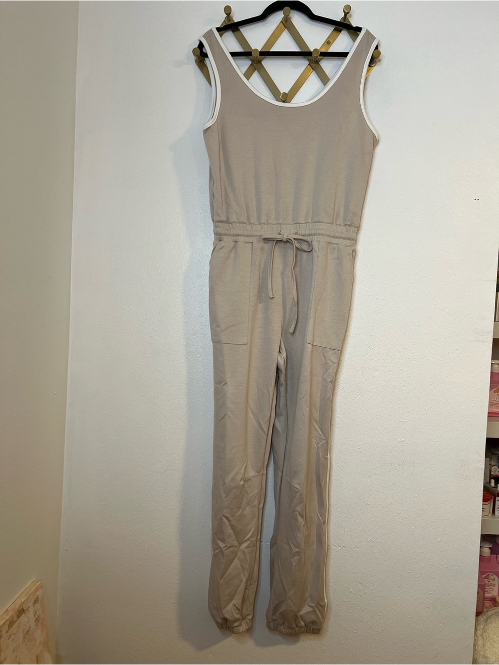 NWOT White Birch Sleeveless Drawstring Jumpsuit White Piping